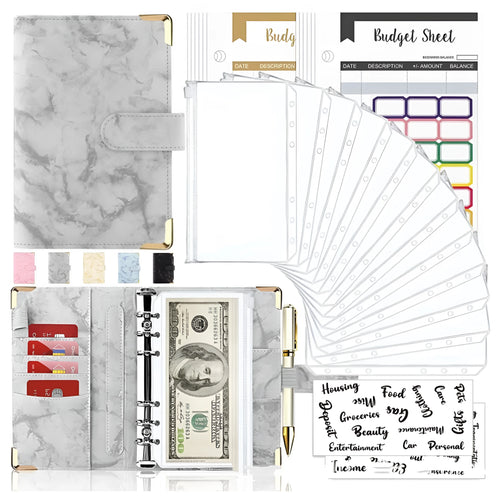 A6 loose-leaf binder journal with marbling leather PU cover, open to show budget sheets and zip pockets