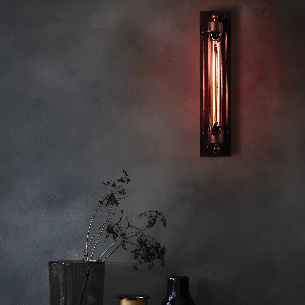 Retro industrial iron devil island flute wall lamp in black finish with visible metal shade