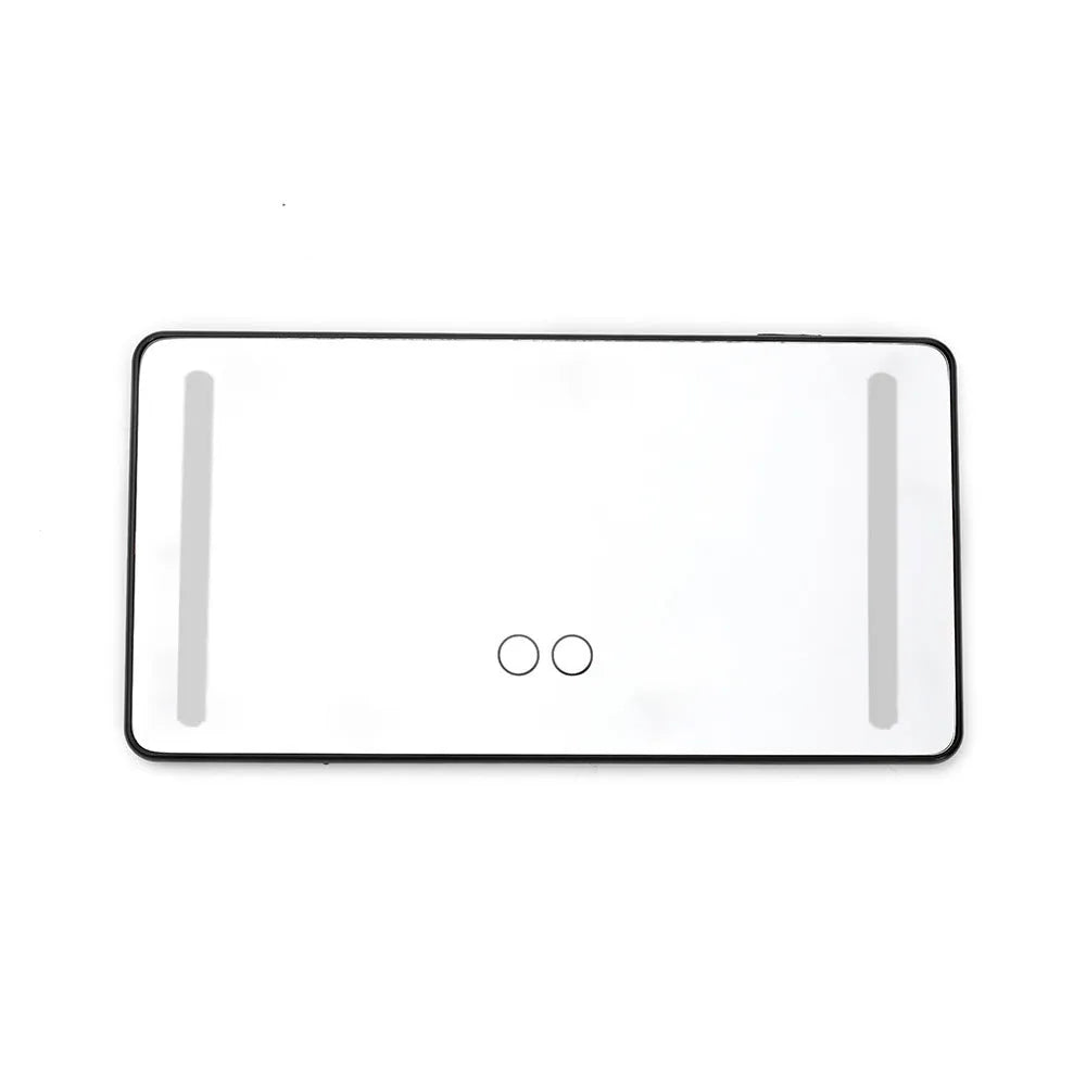 Car sun louver mirror with LED touch lamp clipped to sun visor, showing aluminium mirror and black light bars on four sides