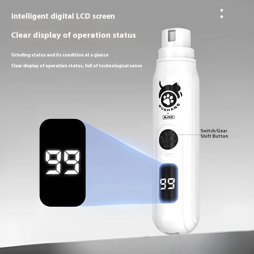 White plastic electric pet nail grinder with 3-speed adjustment and power display, plus charging cable
