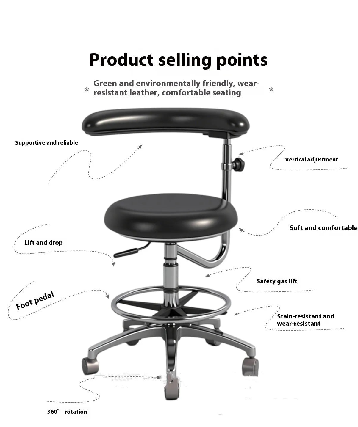 Black leather dental chair with electric lift mechanism for dental surgeries