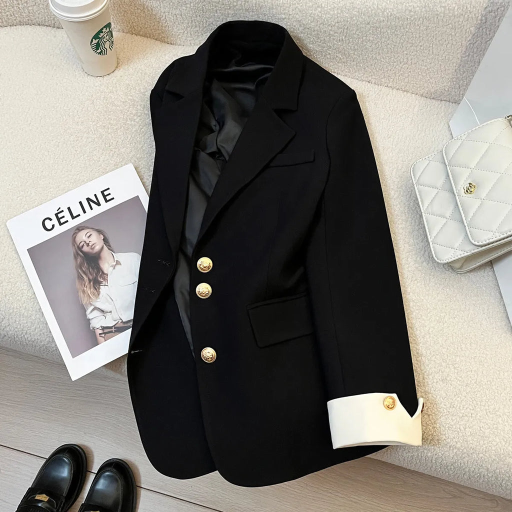 Korean-style loose fit women's coat in solid colour polyester, medium 65cm length with pockets.