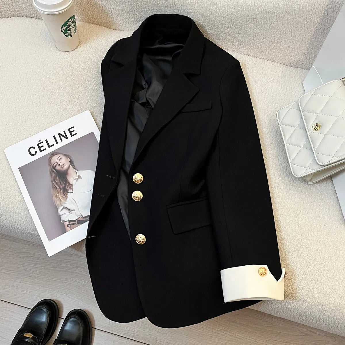 Korean-style loose fit women's coat in solid colour polyester, medium 65cm length with pockets.