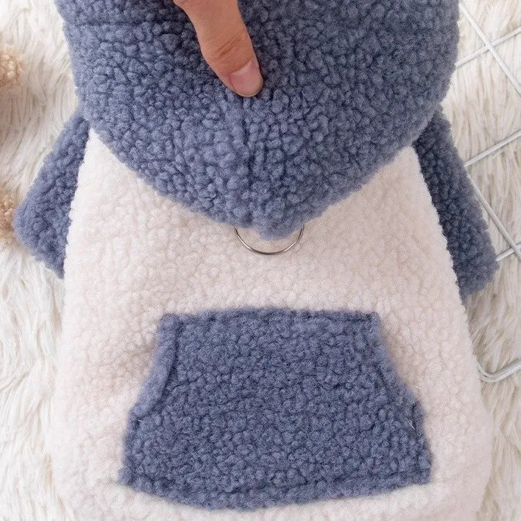 Blue thickened cotton pet hooded coat shown on dog model with size range displayed