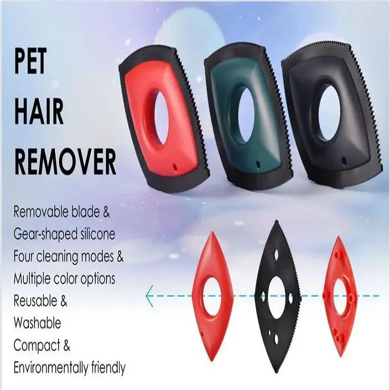 Silicone pet hair remover brush tool for carpet sofa and car seat cleaning in red, green, or black.