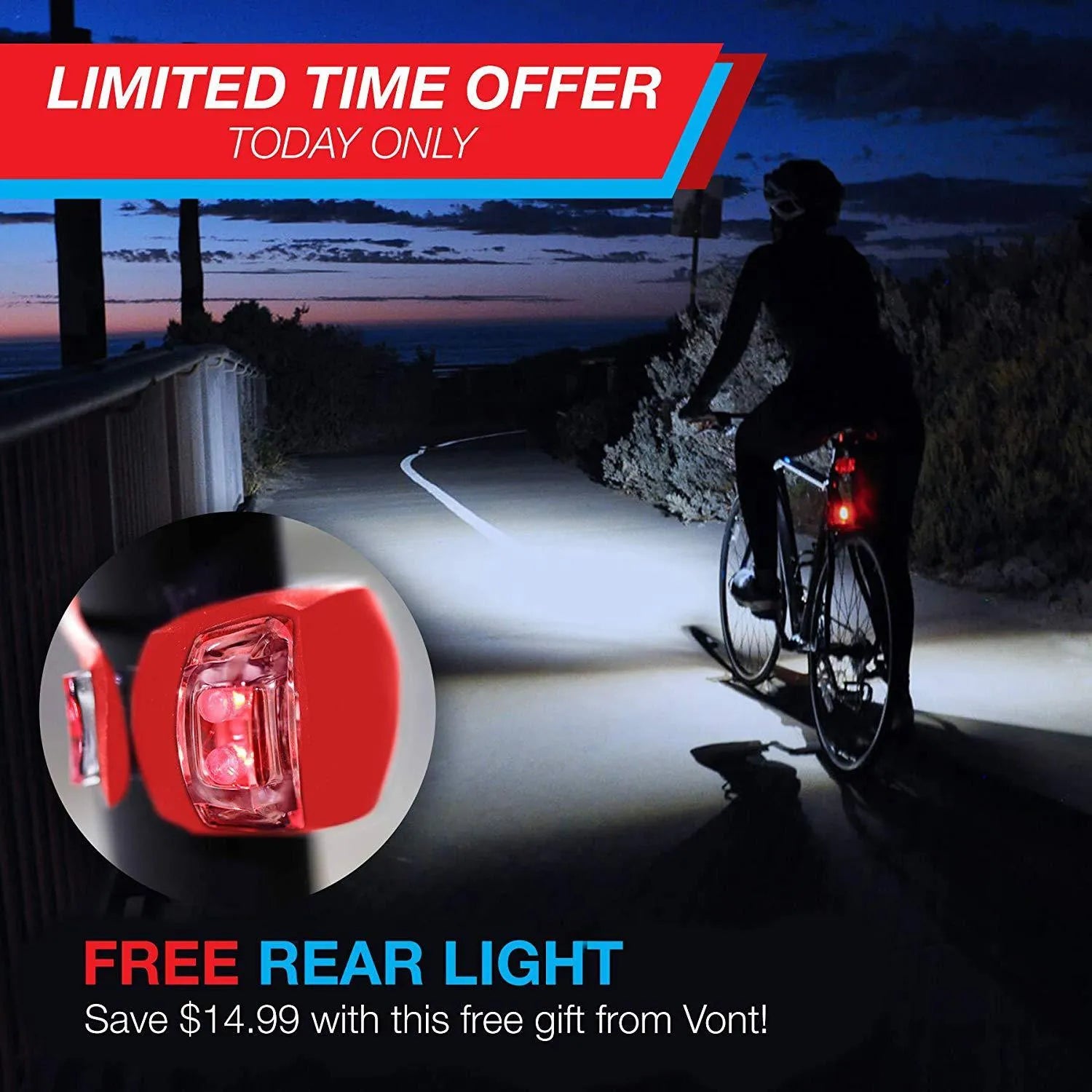 Bicycle headlight and red taillight set with a universal handlebar mounting bracket.