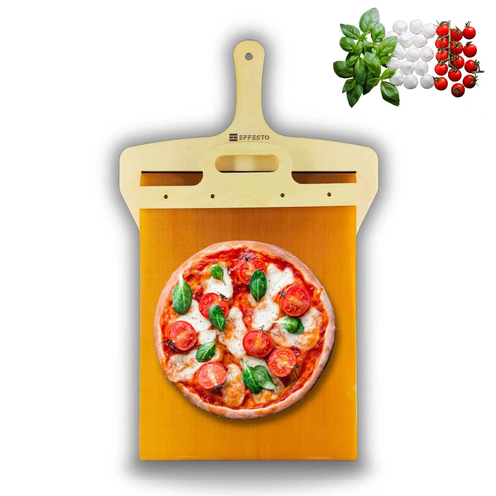 Wooden pizza shovel with cutting board surface and hanging hole at handle