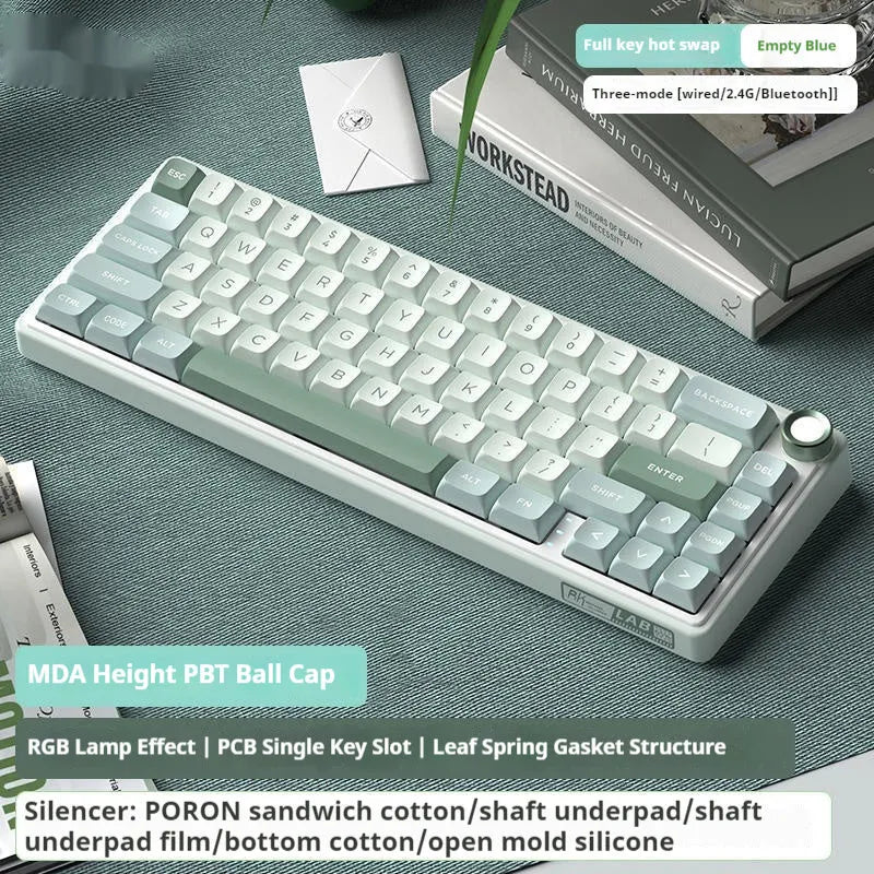 White wireless mechanical keyboard with RGB backlighting in compact 68-key layout on desk