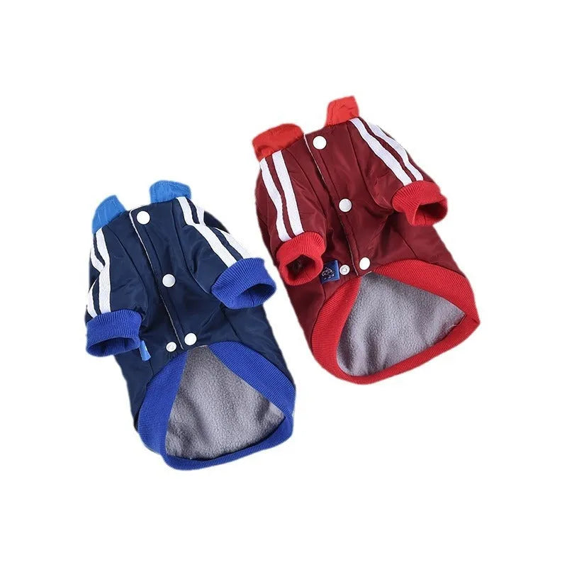 Red and blue V-shaped cotton dog coat shown in multiple sizes