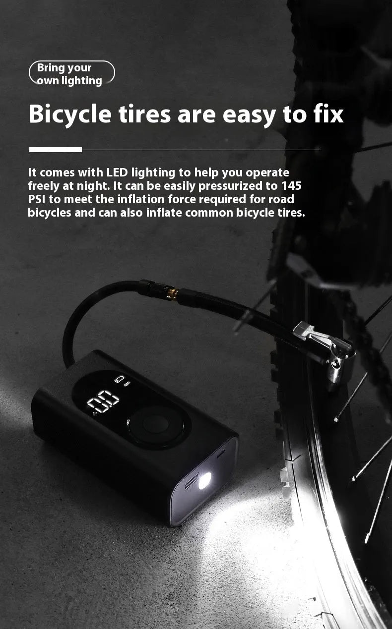 Handheld portable wireless tyre pump with digital display, power bank, and flashlight functions.