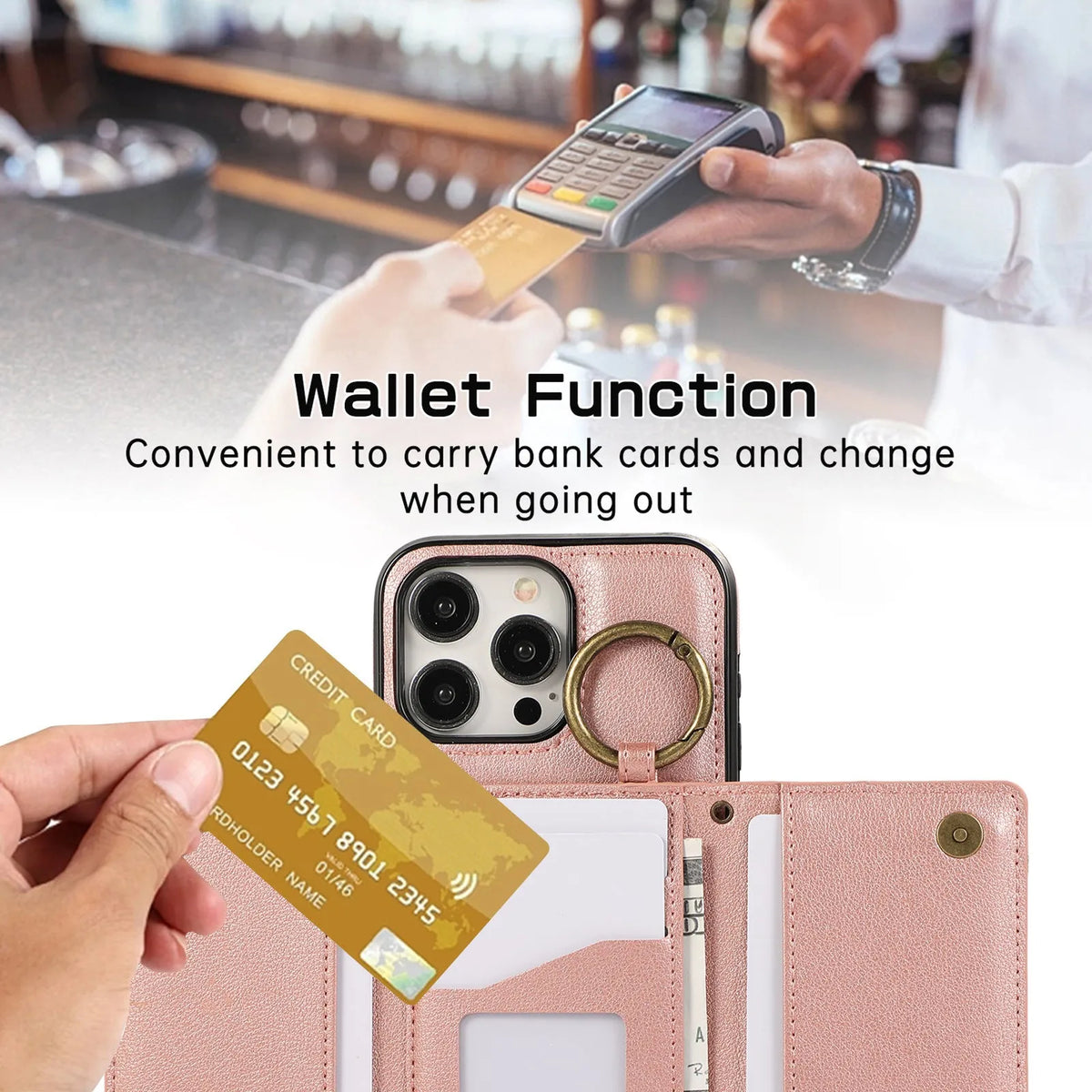 iPhone 16 crossbody phone case with tri-fold PU leather, card holder, ring bracket and zipper in black