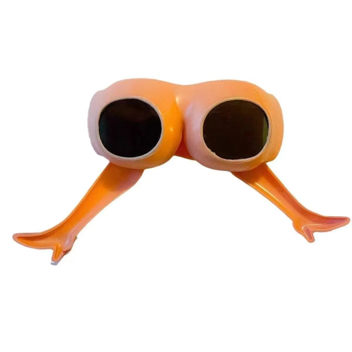 Orange novelty sunglasses with a unique leg-hip frame design, shown from the front. Oversized 15cm by 20cm dimensions.
