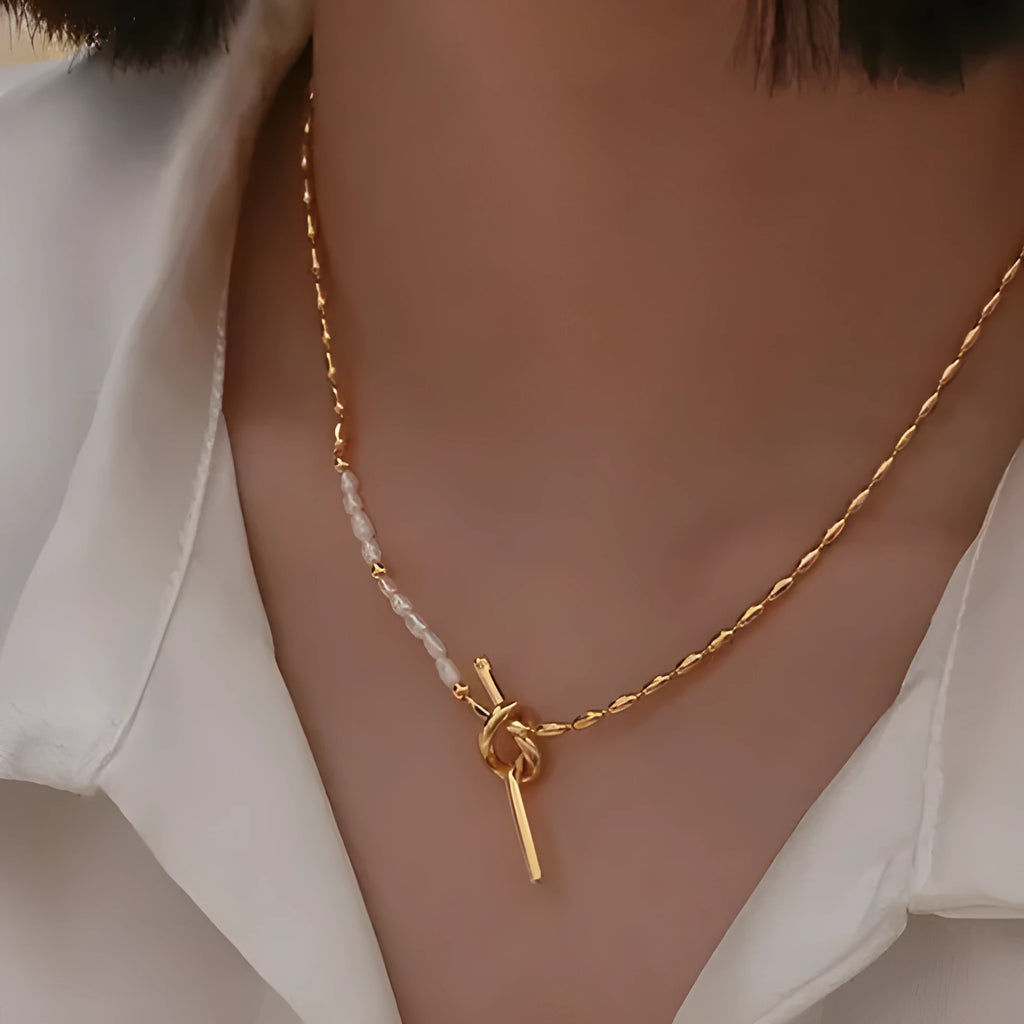 Natural real pearl gold copper geometric pendant necklace on adjustable chain cold style jewellery