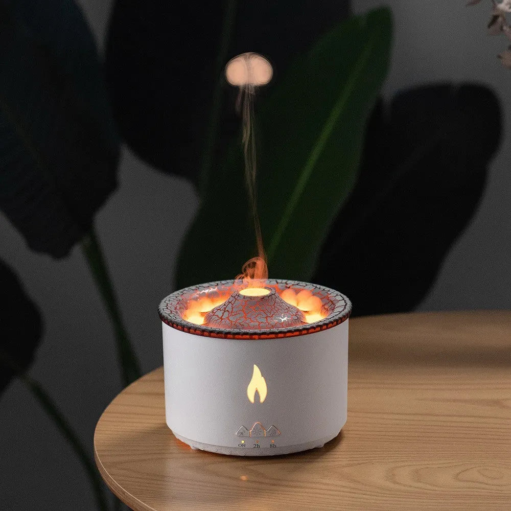 Black columnar ultrasonic essential oil humidifier diffuser with flame and jellyfish effects, 350ml, three fog outlets, 36dB quiet