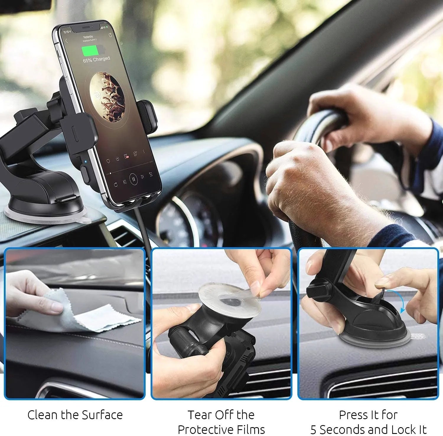 Black 15W fast wireless car charging stand with multiple mounting options