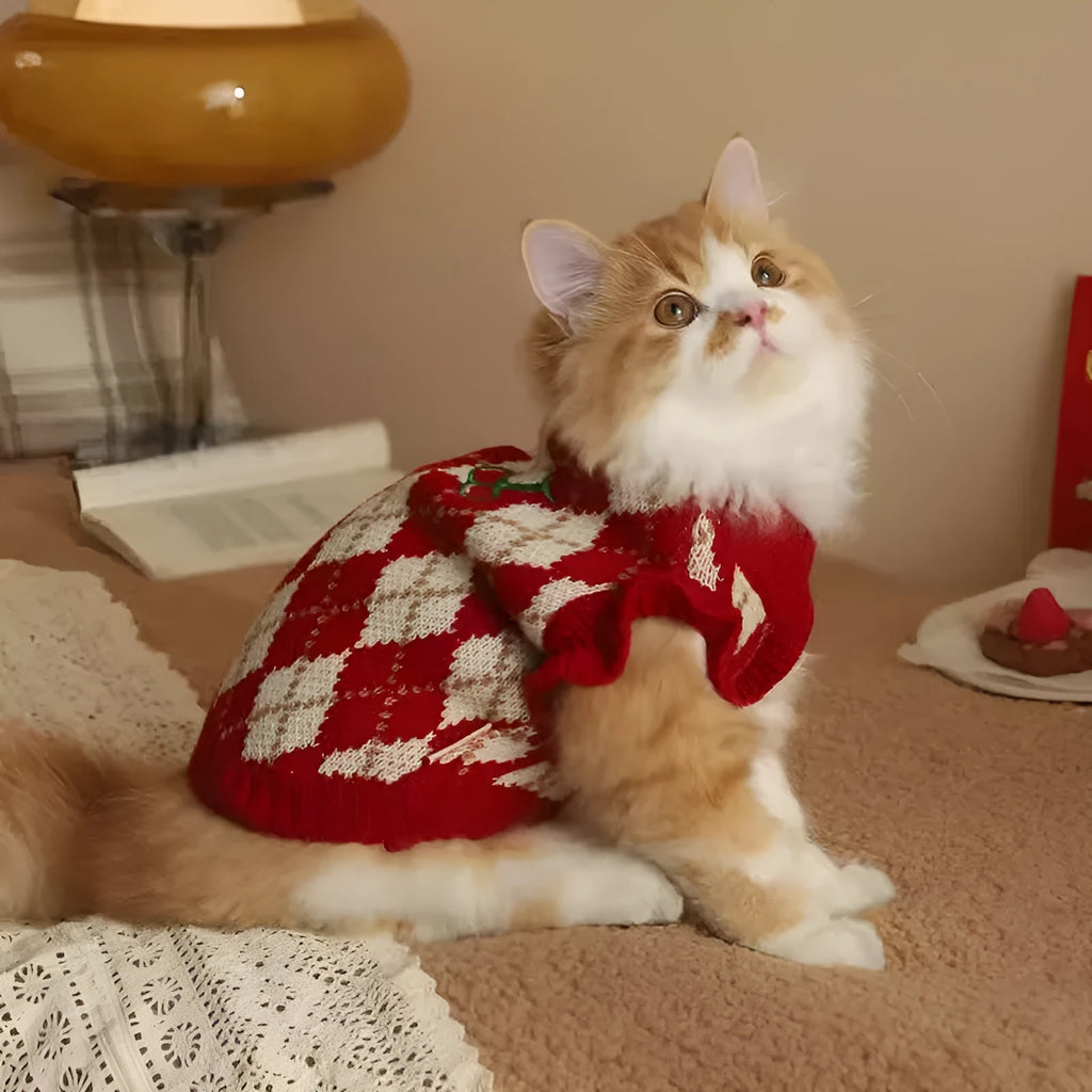 Red pet sweater with cherry diamond embroidery for dogs and cats in multiple sizes