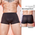 Men's striped thin nylon briefs in black, shown flat.