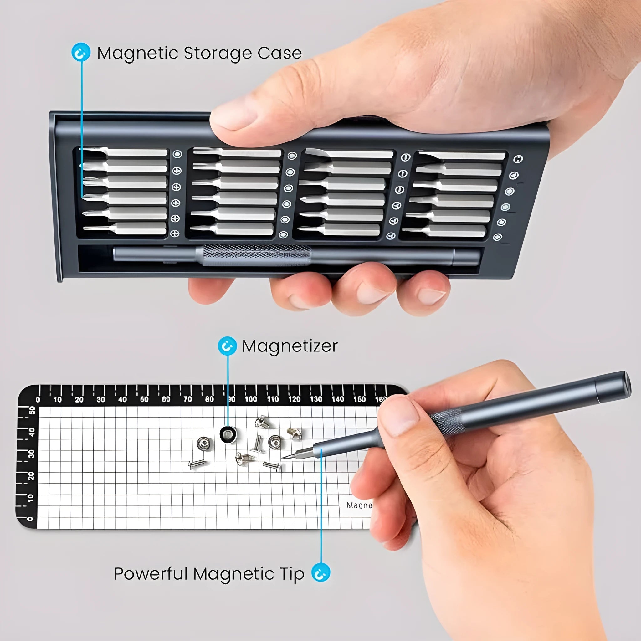 25-in-one precision screwdriver set with knurled black handle and magnetic tip.