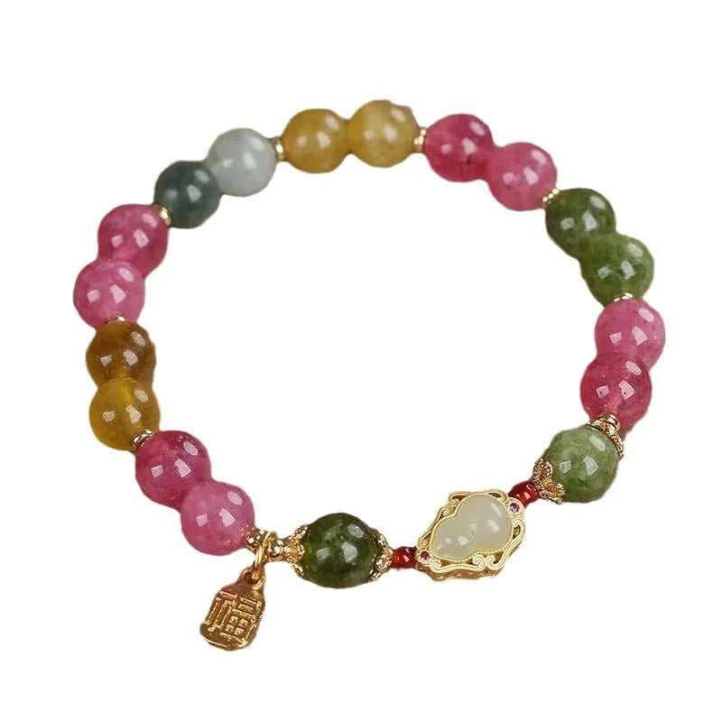 Women's colourful tourmaline bracelet with gourd charm and flower design on mixed materials