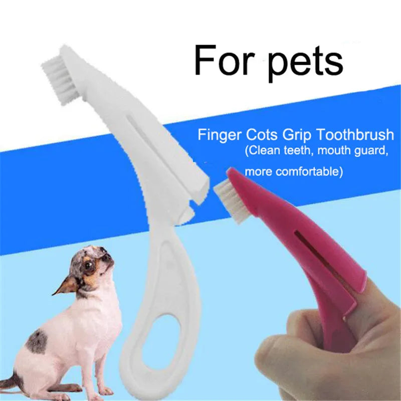 Red and white pet finger toothbrushes with silicone bristles for cleaning dog and cat teeth.