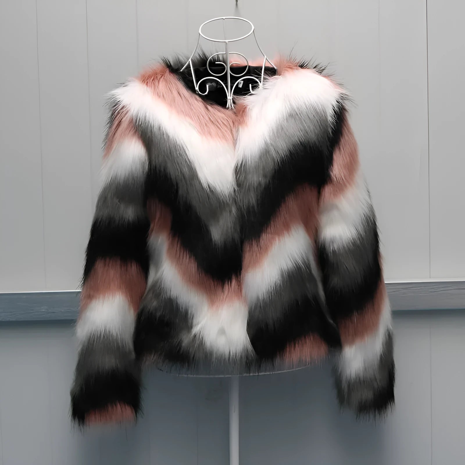 Korean-style women's faux fur O-neck short coat in picture colour, shown as a street fashion garment.