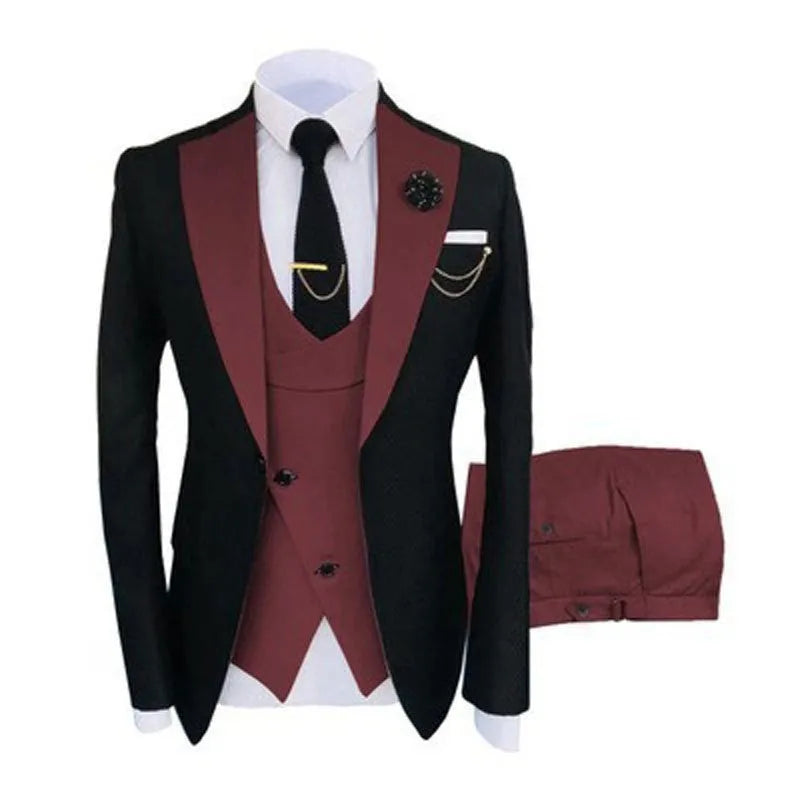 Men's slim fit three-piece cotton suit in black with coat, vest, and trousers