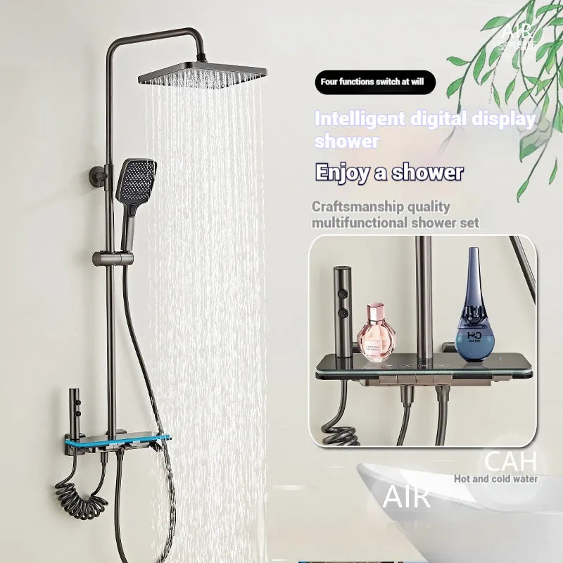 Aluminium digital display shower head set in white or grey for concealed installation.