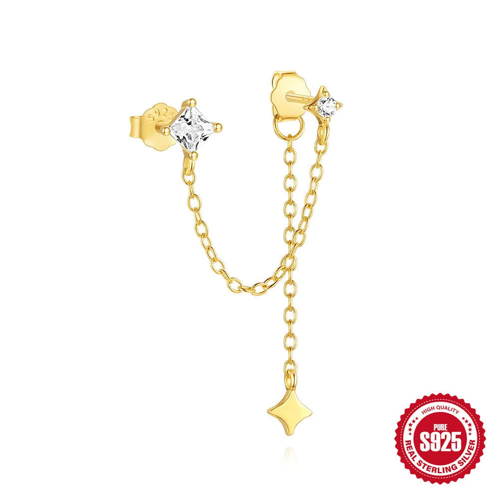 Golden geometric S925 sterling silver stud earrings with zircon, showing clover, crown, chain, and double piercing designs.