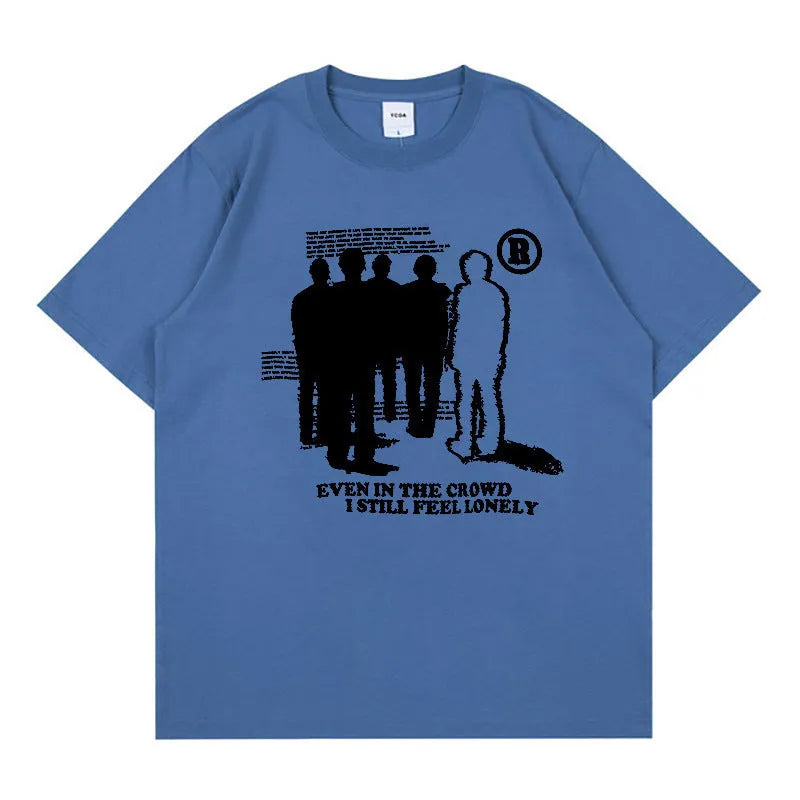 Men's oversized mercerized cotton T-shirt with gothic cartoon print, short sleeve loose fit, black haze blue or white