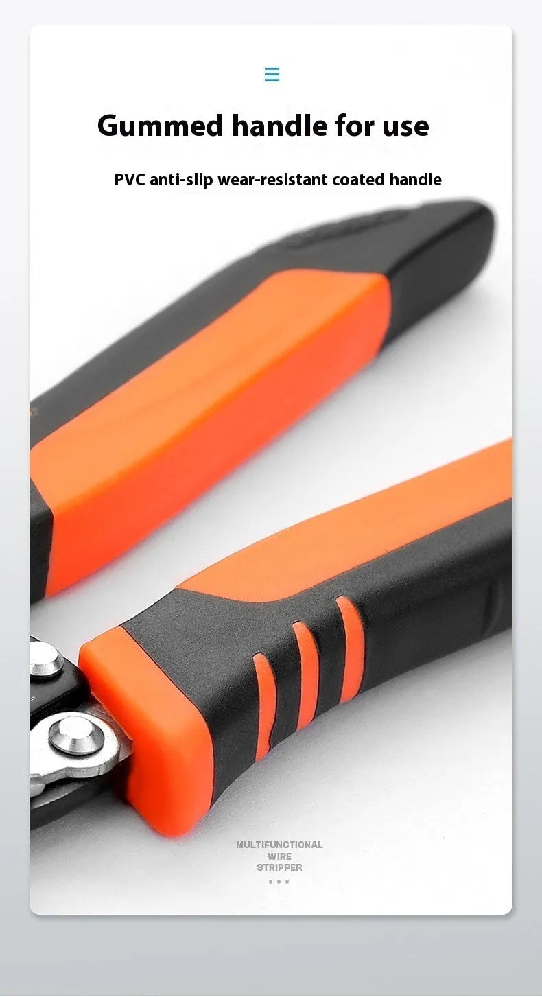 Fully automatic wire stripping pliers tool with high carbon steel blades on a workbench.