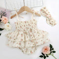Beige corduroy baby girl jumpsuit set with A-line skirt and matching headband for newborn to 3-4 years