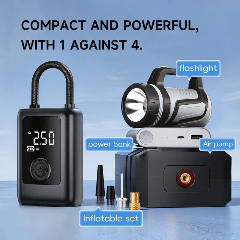 Portable 12V ABS car tyre inflator with LED light and built-in tire pressure gauge