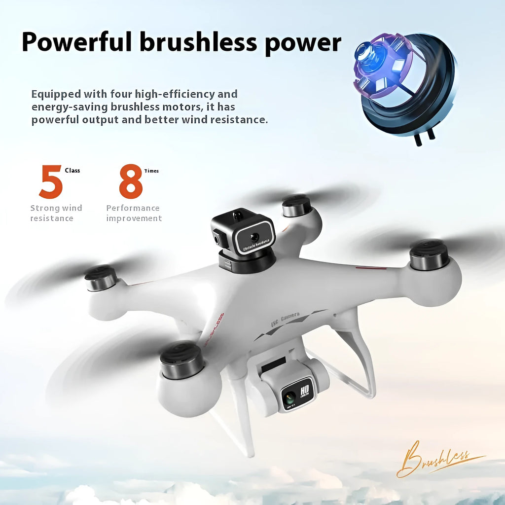 Black HD version of a brushless motor UAV drone with four-side obstacle avoidance, shown with its remote control.
