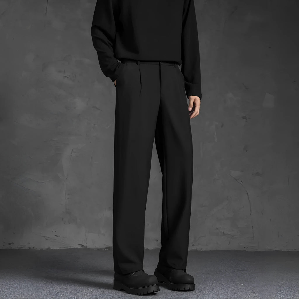 Black loose straight-leg casual suit trousers in polyester with mid waist and button fly, sizes S to 5XL