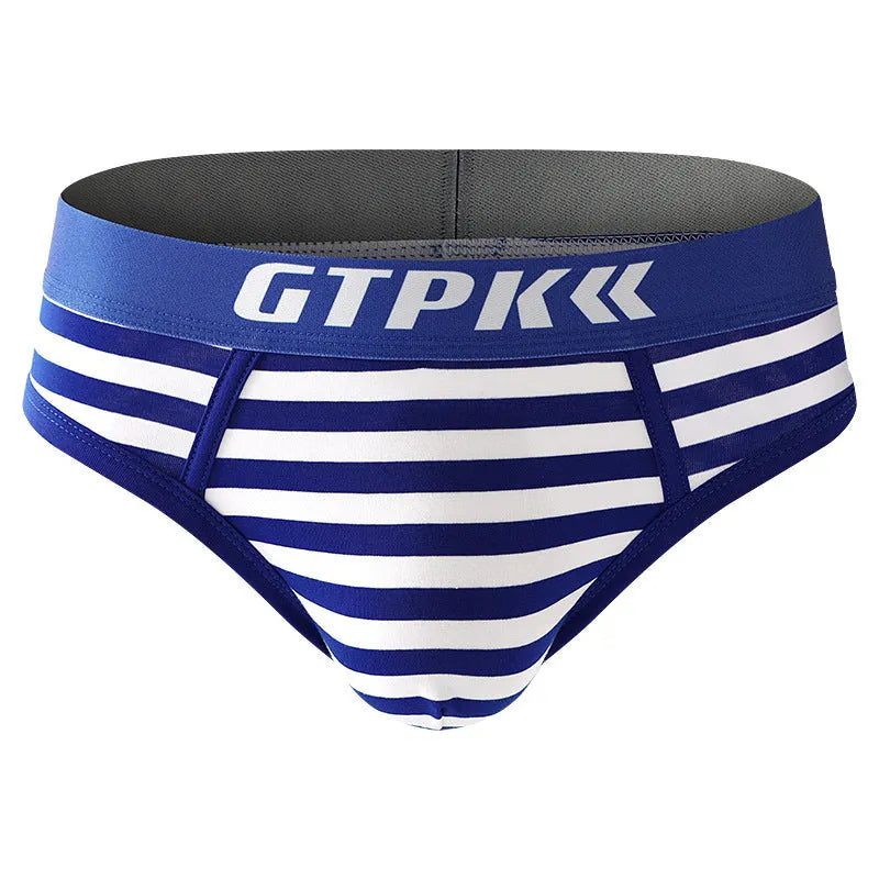 Men's plus size cotton striped triangle boxer shorts in navy blue, mid-waist breathable design