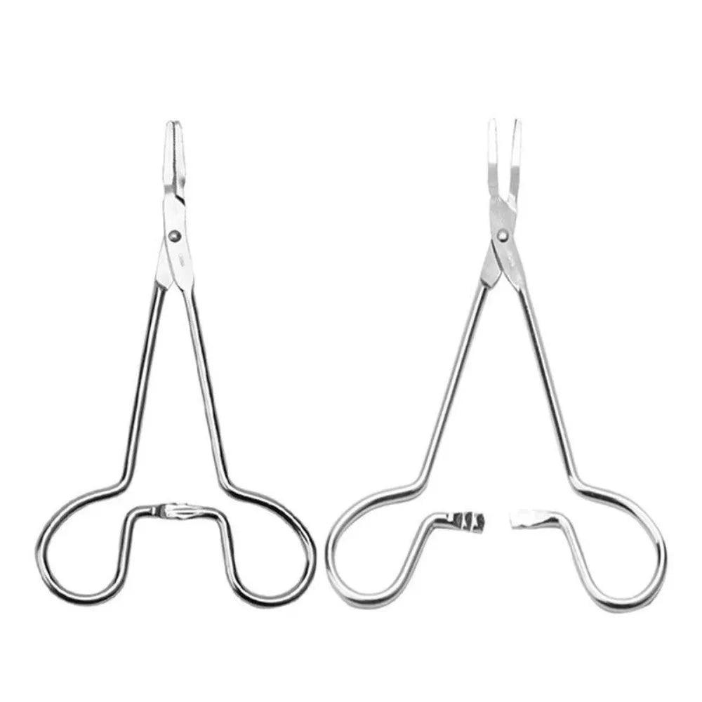 Silver stainless steel pet grooming tweezers for ear hair removal and cleaning, showing curved and straight tip designs.