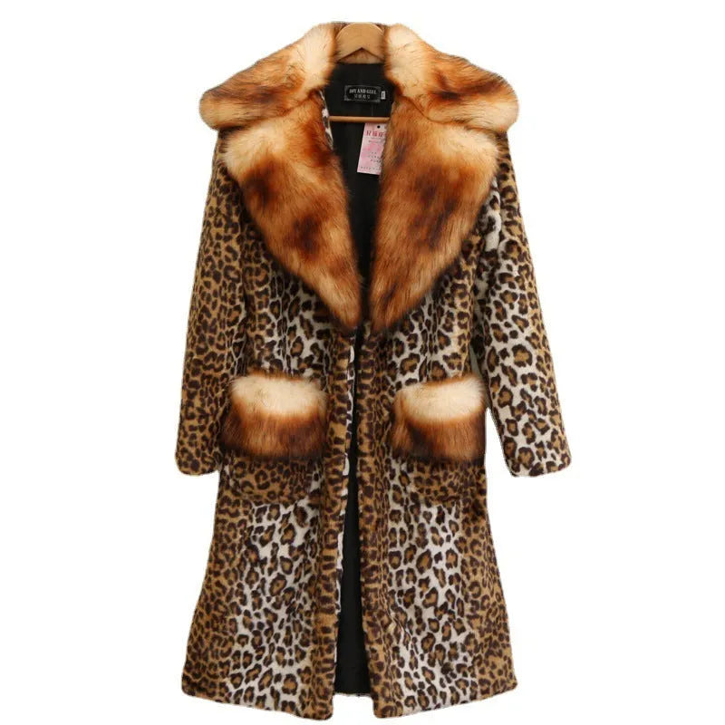 Women's leopard print artificial fur casual jacket with regular sleeves