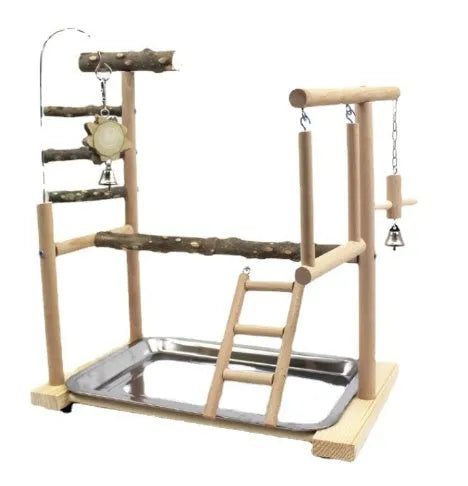 Pepper wood parrot stand with multi-level poles and an integrated bird toy.