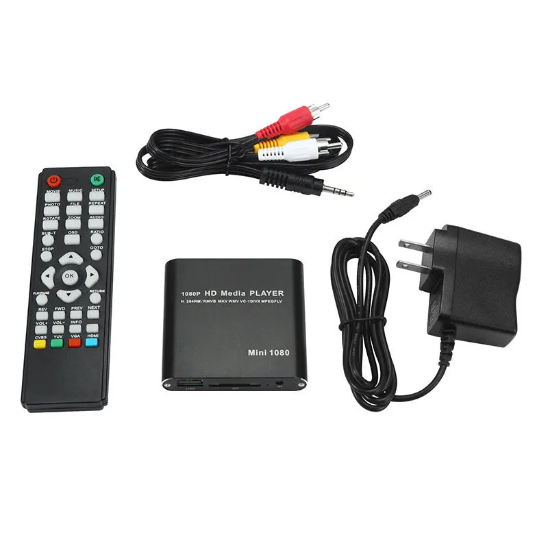 Compact blue or black all-metal 1080P media player with USB, SD card and HDMI ports