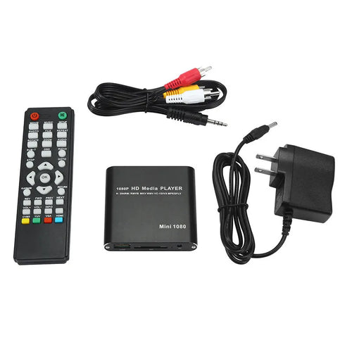 Compact blue or black all-metal 1080P media player with USB, SD card and HDMI ports