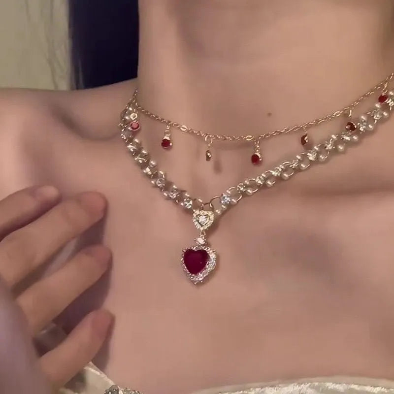 Red love pearl double layer necklace with twin chains, adjustable 41-50cm length