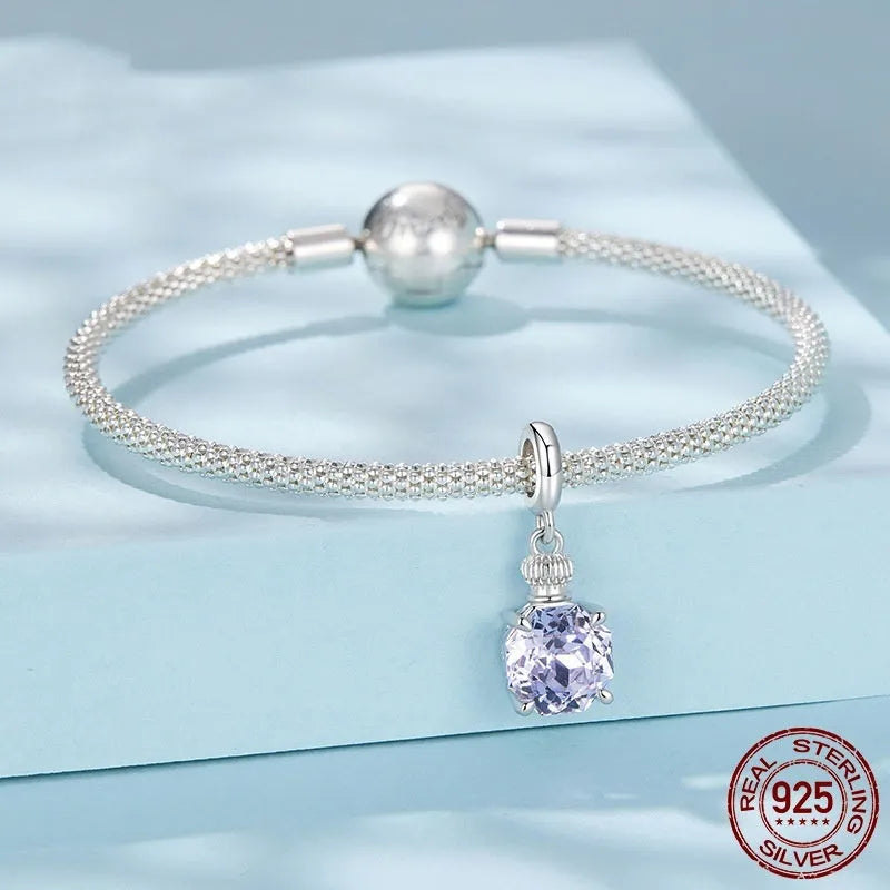 S925 sterling silver purple perfume bottle bead, 2.2cm x 0.8cm, with 0.4cm aperture for DIY jewellery