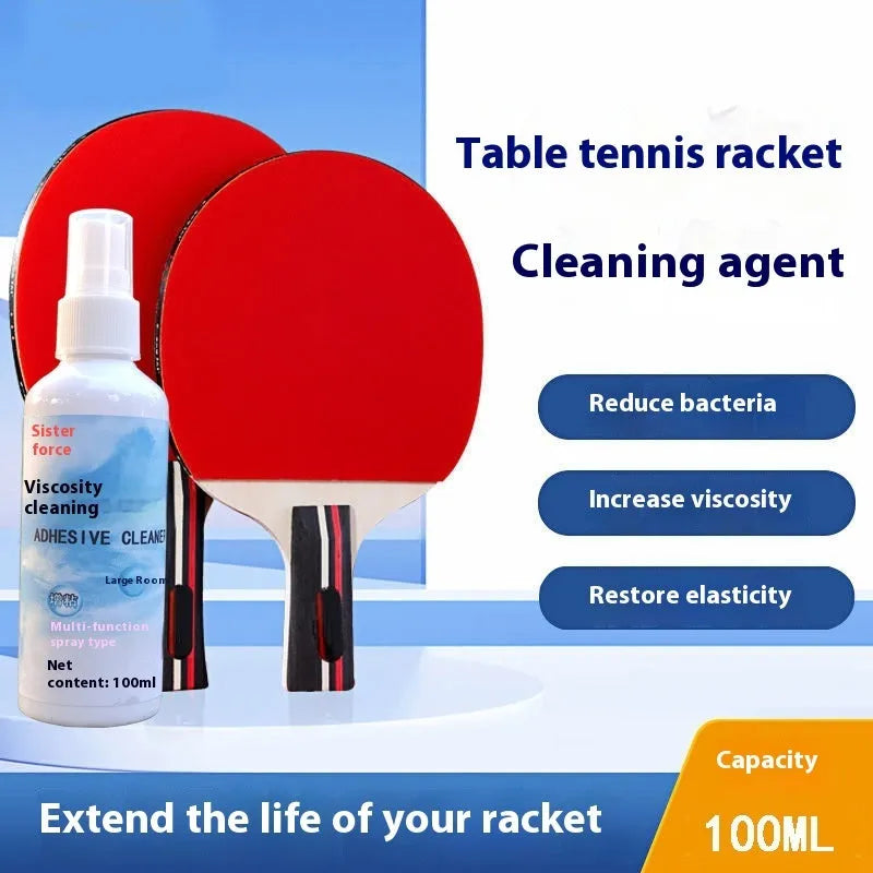 Table tennis racket cleaner kit with sponge mop and 100ml rubber cleaning agent on a court