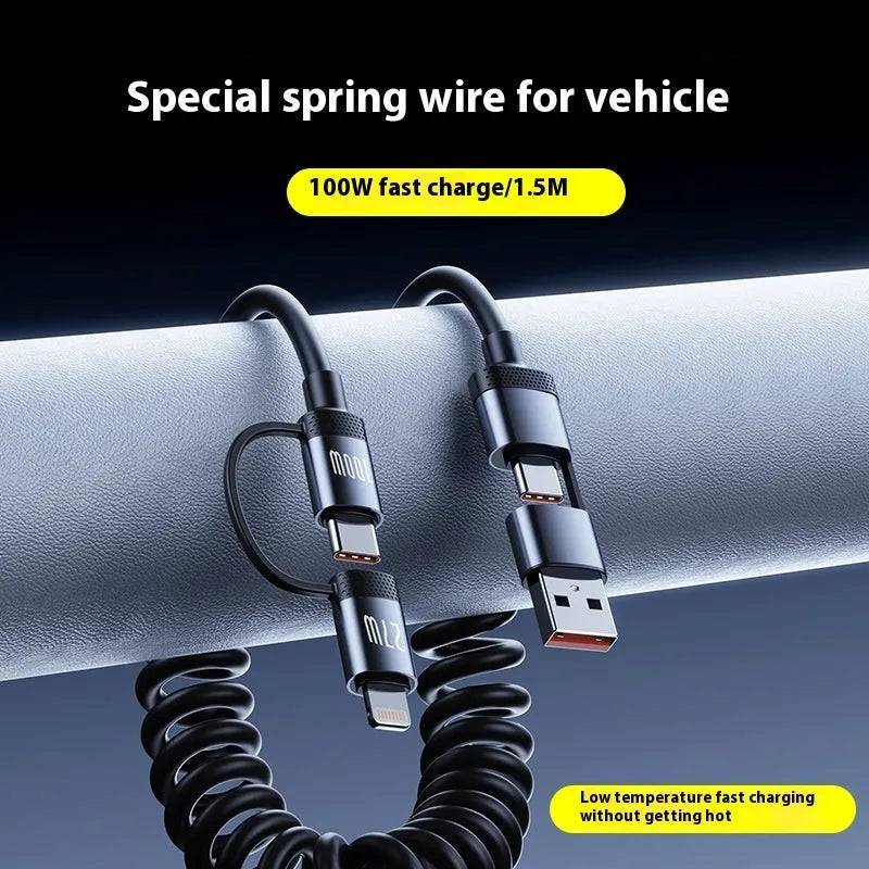 Two Fast Charge car spring wire data cable in black with Lightning and Type-C connectors, 1.5m length, TPU material