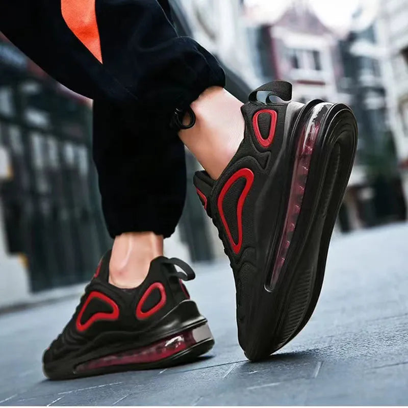 Men's black air cushion casual sneakers with lace-up front and thick sole