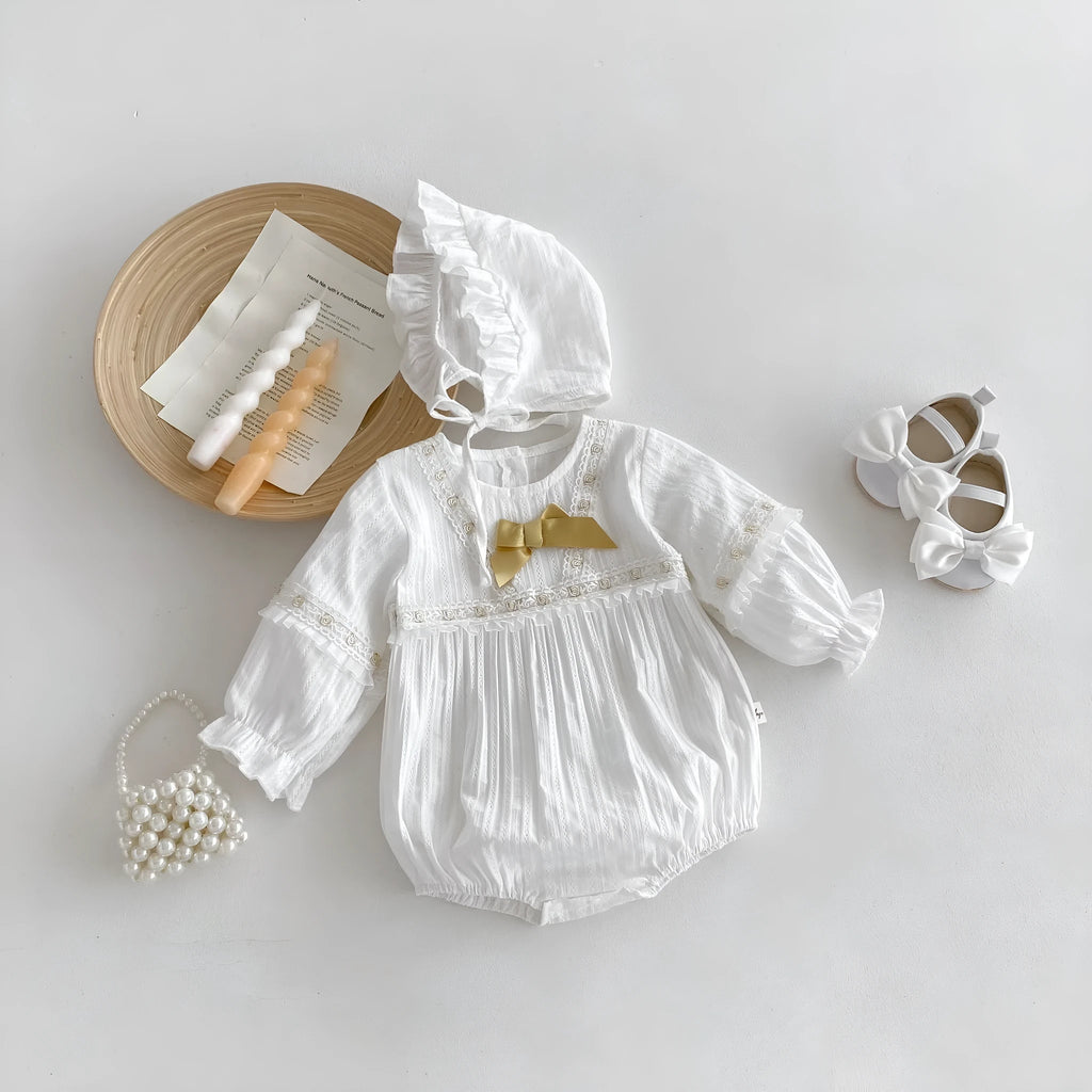 White infant Korean style cotton triangle jumpsuit romper with removable hood for girls