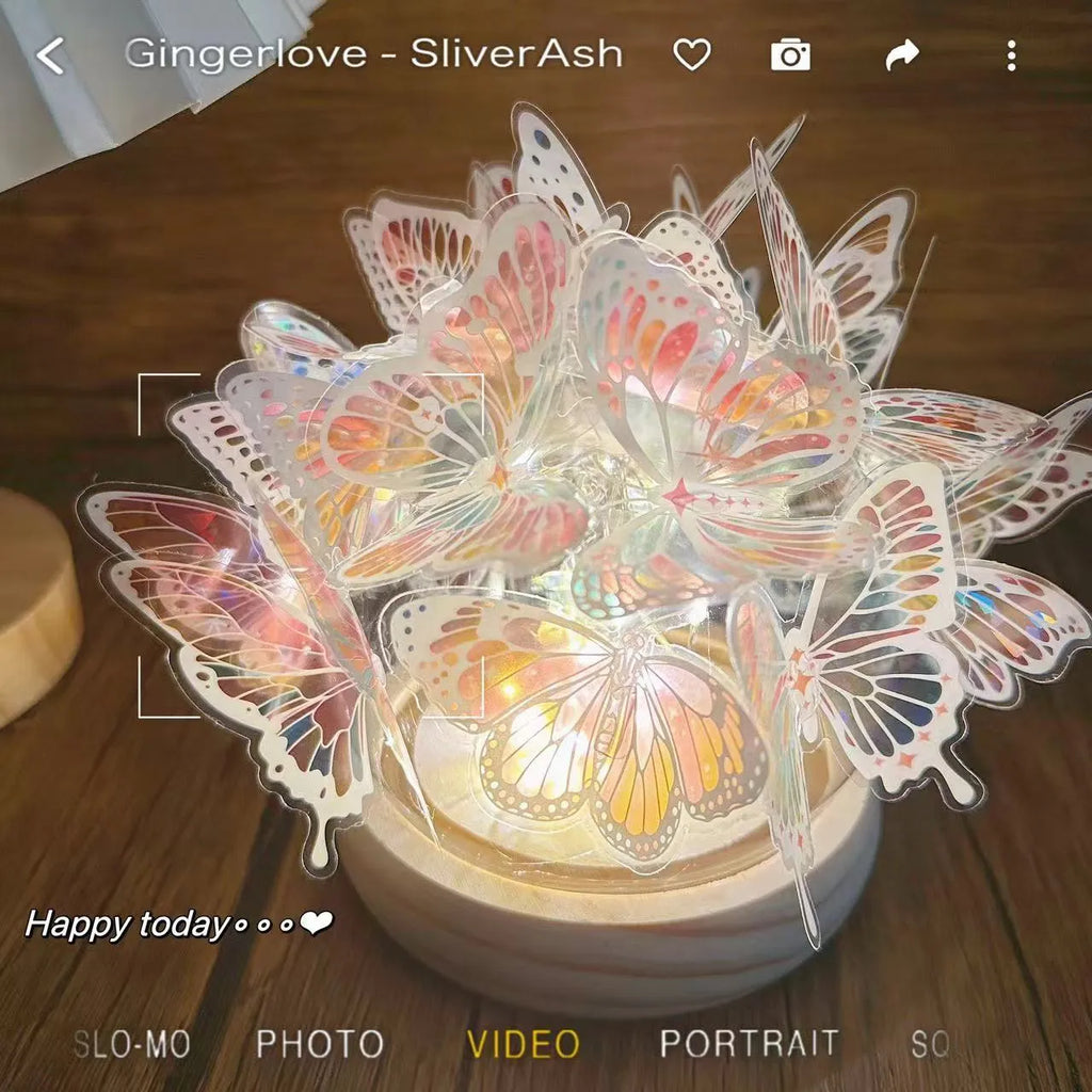 Handmade butterfly night lamp with glass shade on raw wood base, bedroom ambience lighting