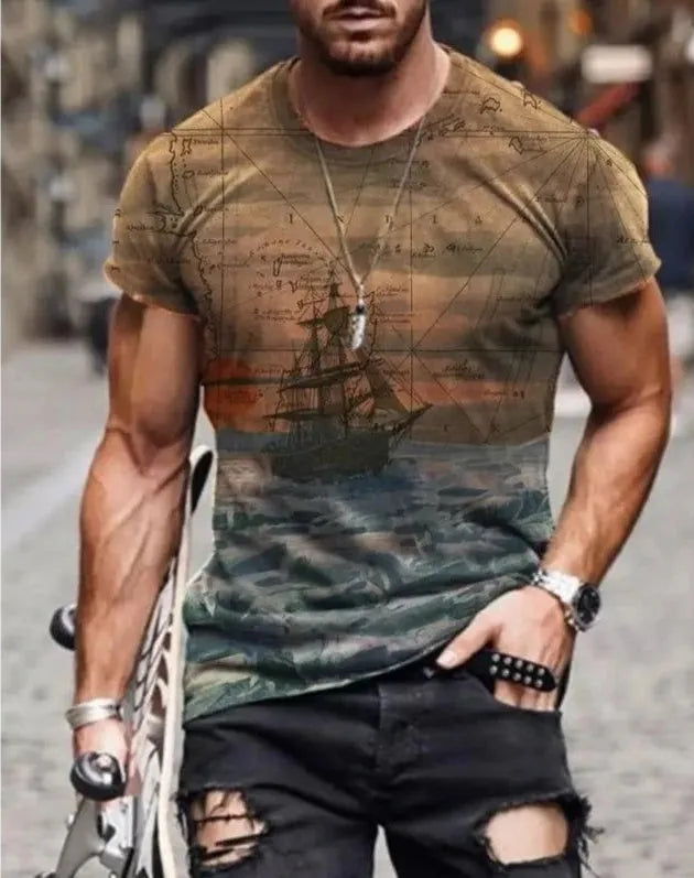 Abstract painting print short-sleeved round neck T-shirt in cotton blend