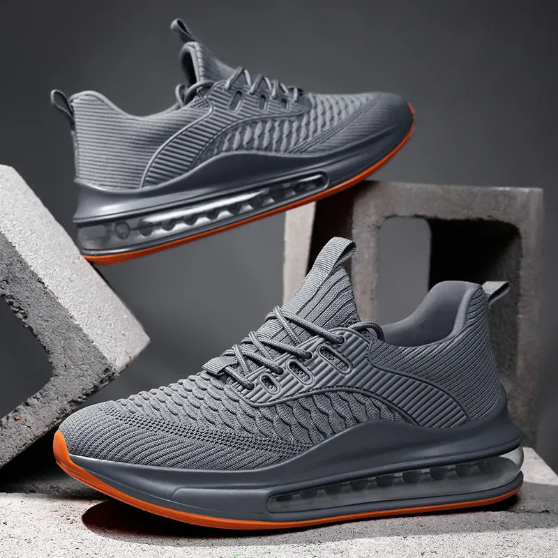 Men's black mesh running shoes with platform heel and rubber sole