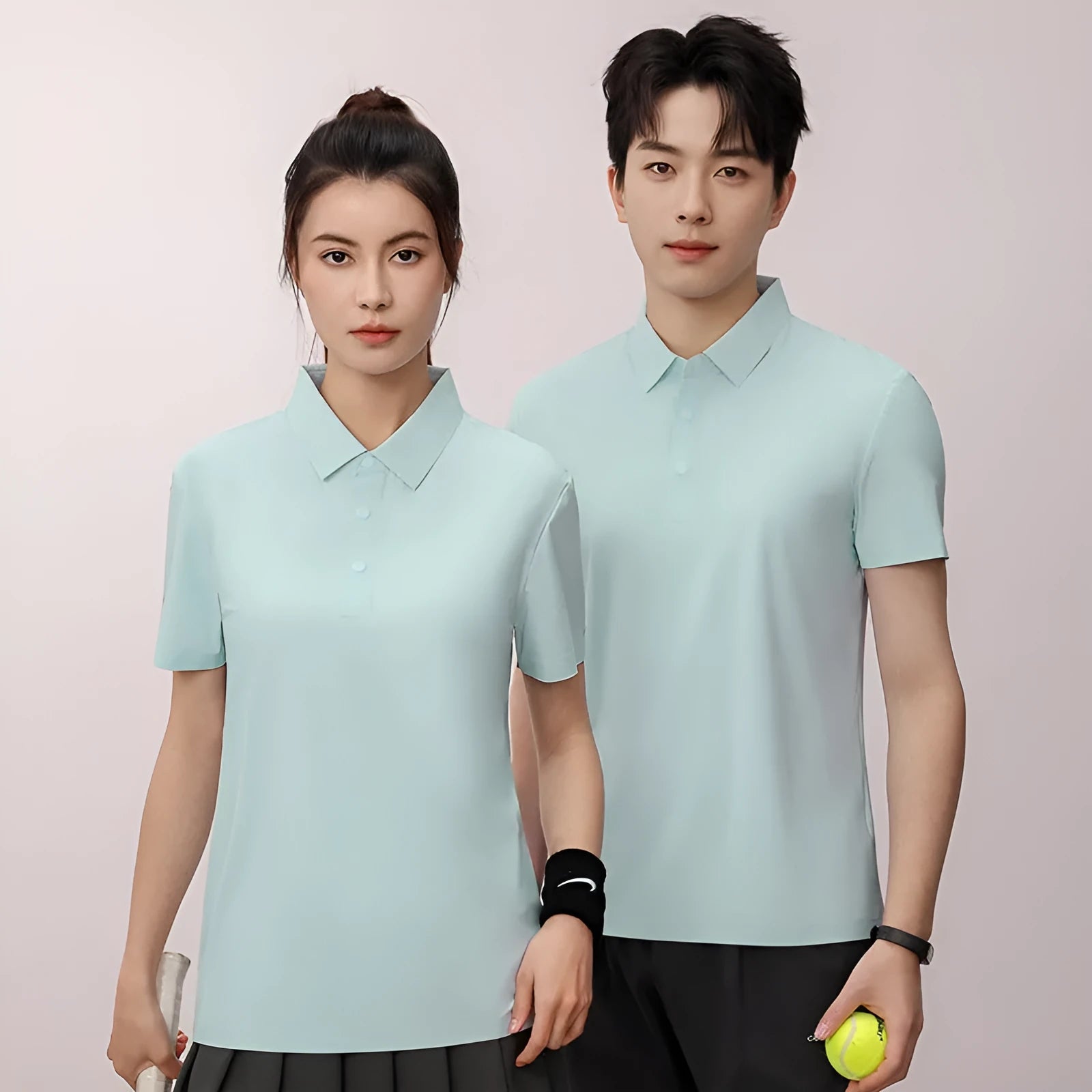 Men's loose fit short sleeve polo shirt in sky blue, shown on a model for summer sport.